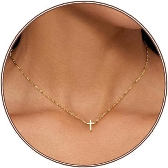 💫 Women Gold Cross Pendant Necklace Dainty 18K Plated Small Simple Jewelry Gift